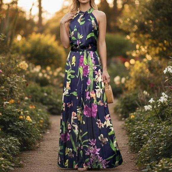Karen Millen Pants - Karen Millen Atelier Pants Jumpsuit 8 Navy Purple Floral Halter Wide Leg 4055